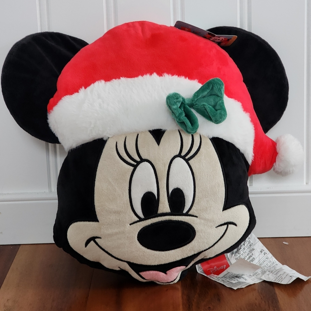 Disney Santa Minnie Mouse Figural Head Throw Pillow 16 X 16 Soft! NEW w/ Tags!